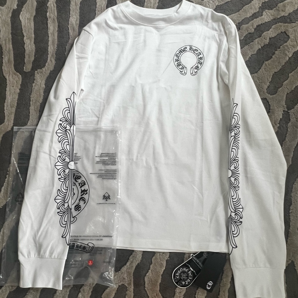 Chrome Hearts White Long-Sleeve Tee with Black Sleeve Graphics